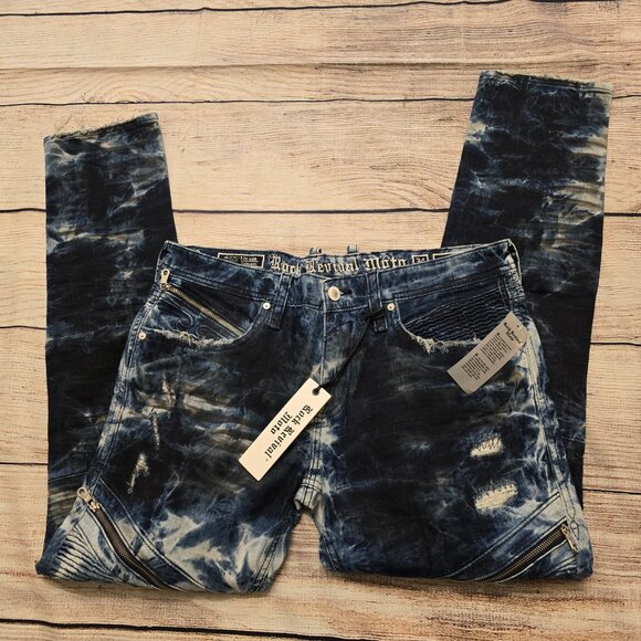Rock Revival Moto Daviday Jeans Men's Destruction Blue Tie Dye Zippers Stretch - Picture 15 of 16